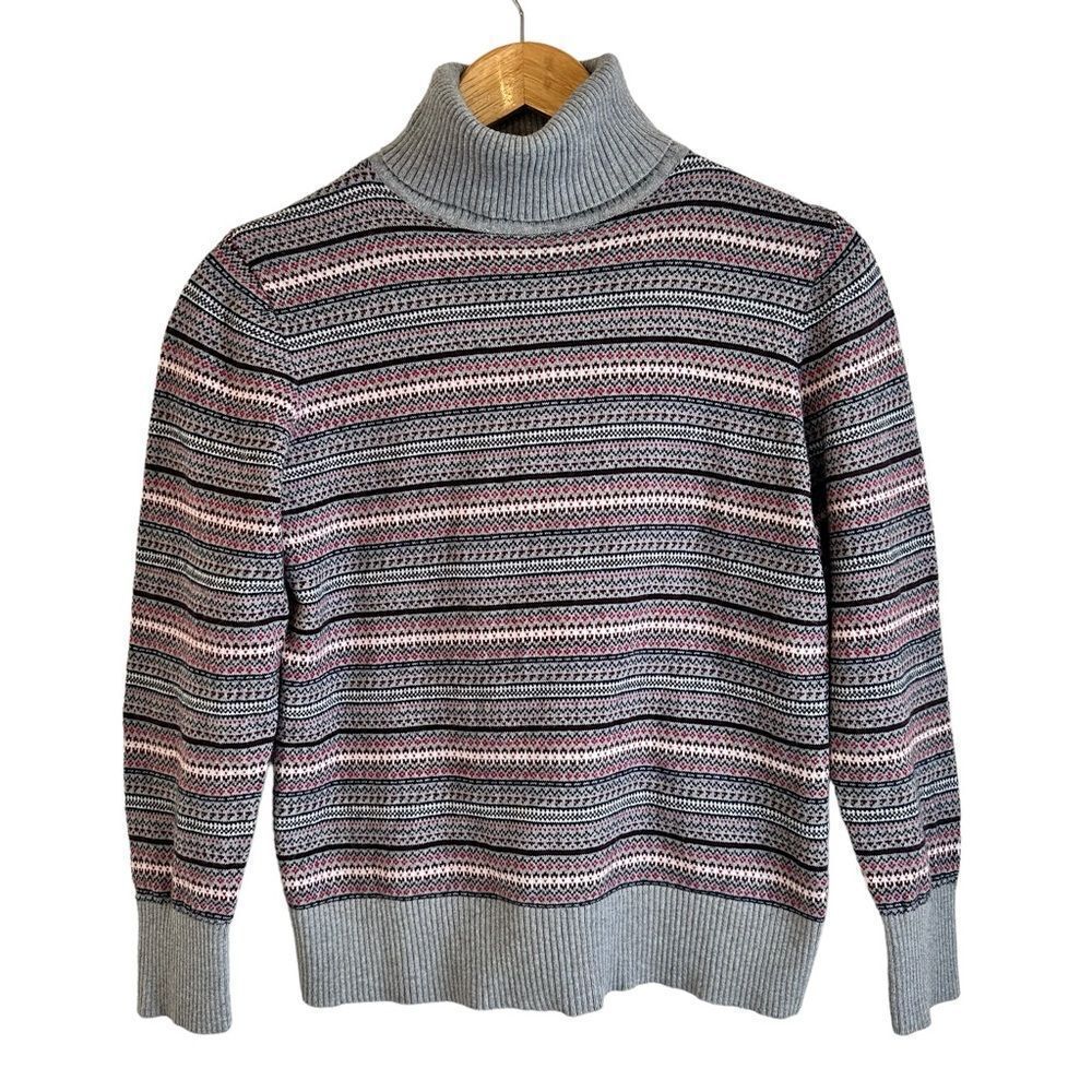 LL Bean Grey and Pink Fair Isle Cotton Cashmere Blend Turtle Neck Sweater